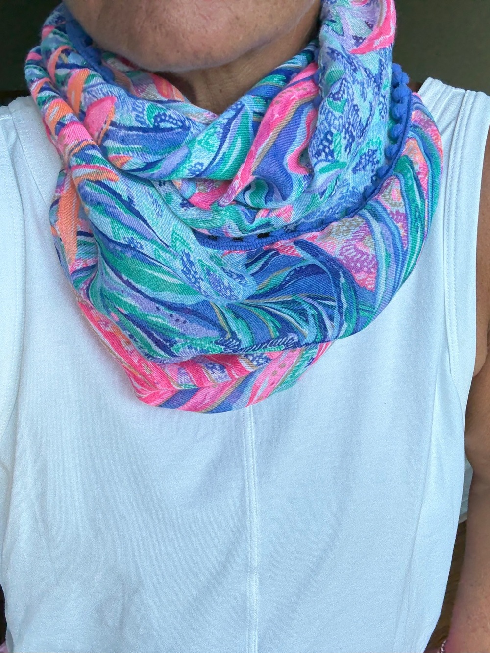 Lilly Pulitzer Infinity Scarf Pineapple Blue Pink Pom Pom EUC